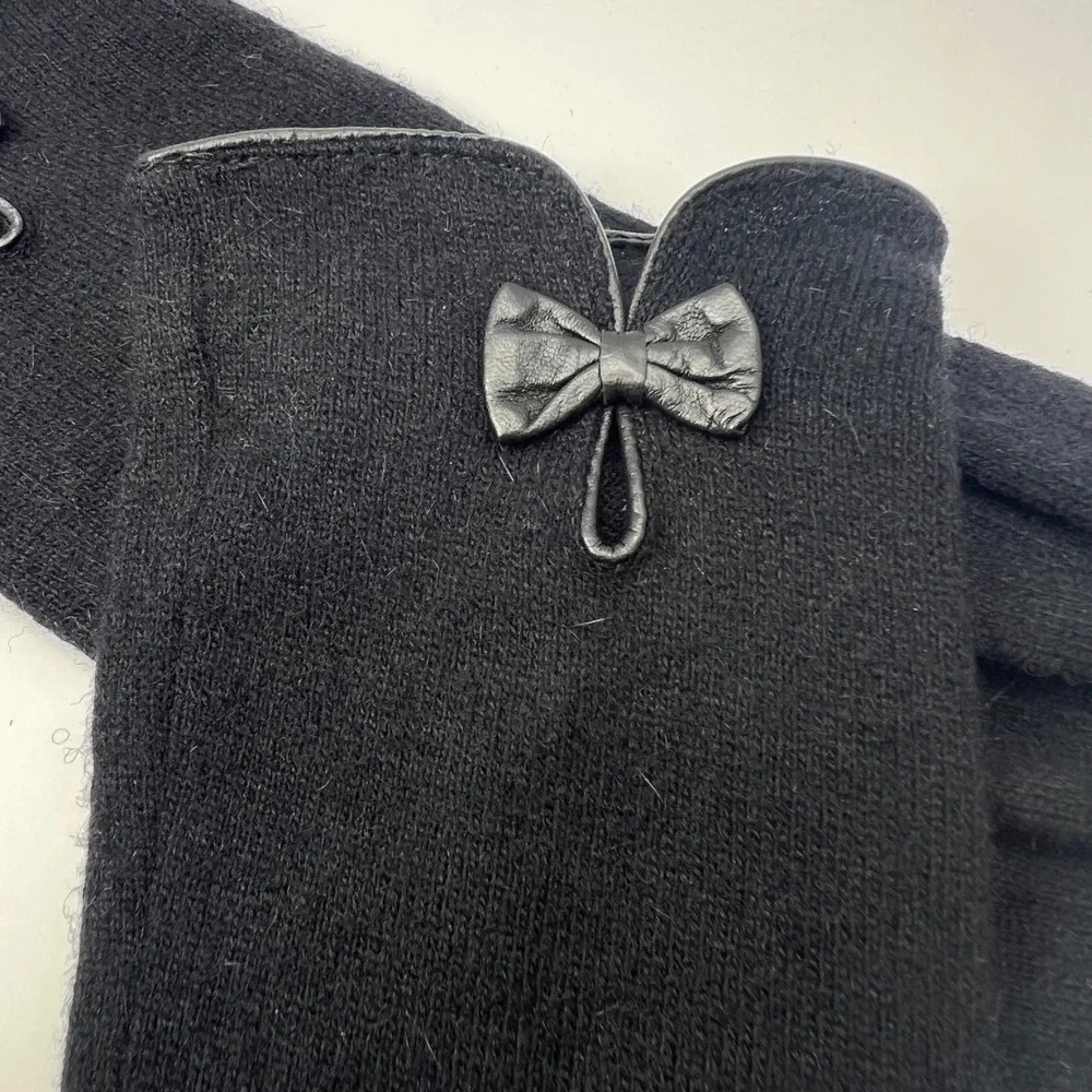 Elegant Black Knit Gloves Leather Bow Womens Small Touchscreen Finger Coquette